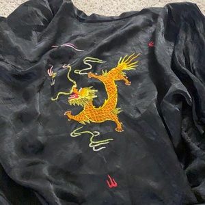 Black satin robe with dragon on the back